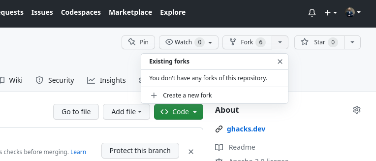 Screenshot for the fork button