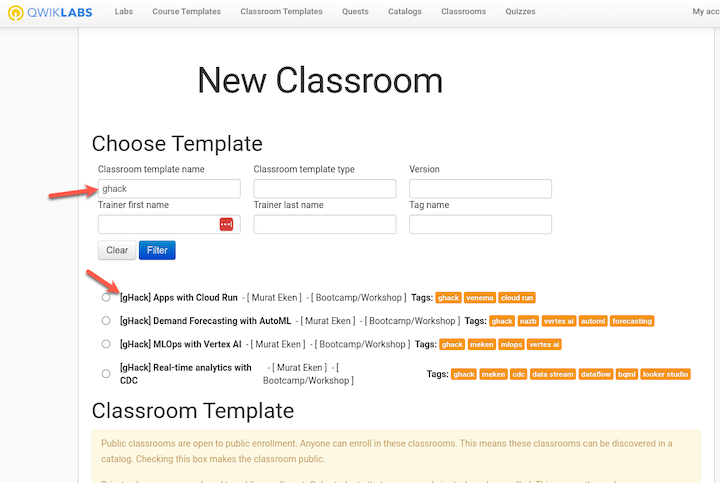 Screenshot for Classroom Template filter